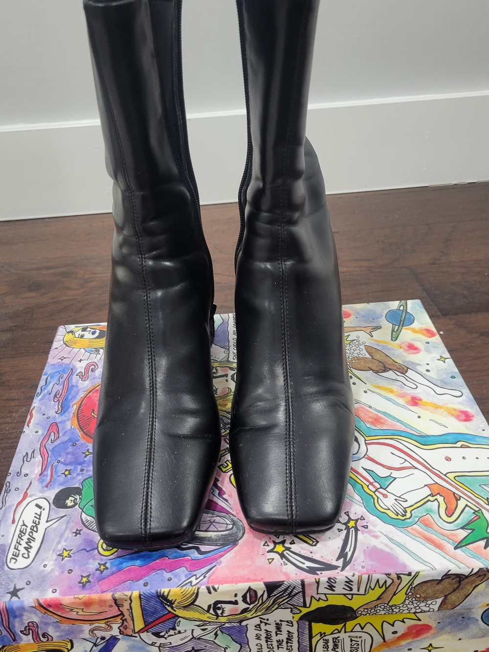 Jeffrey Campbell Black Square-Toe Leather Ankle Boots